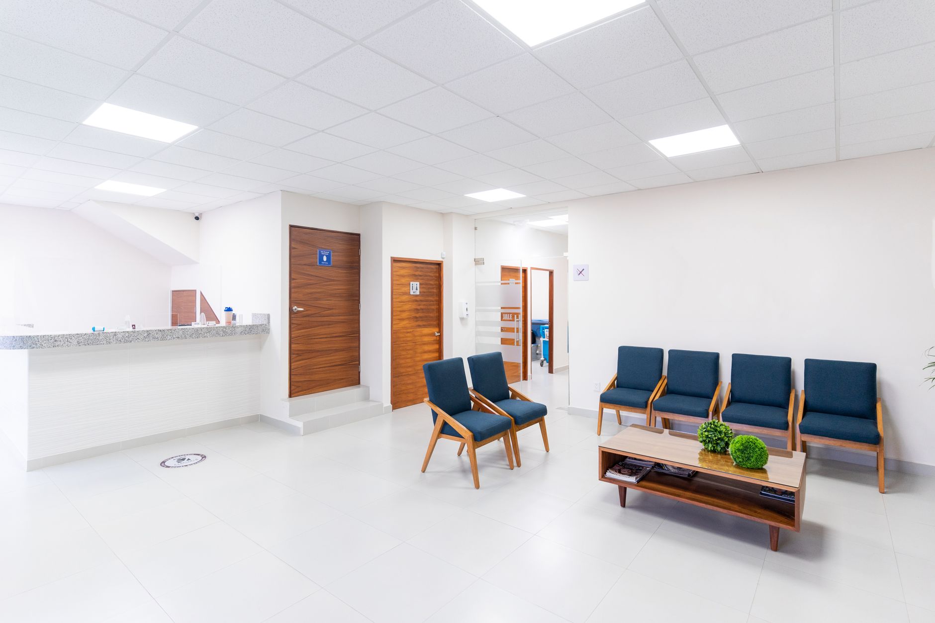 Imagem ilustrativa: Sala de espera médica brilhante e limpa com assentos modernos e decoração.